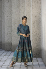 Thumbnail for Juniper Teal Satin Festive Printed Anarkali Flared Anarkali Kurta For Women - Distacart