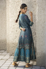 Thumbnail for Juniper Teal Satin Festive Printed Anarkali Flared Anarkali Kurta For Women - Distacart