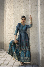 Thumbnail for Juniper Teal Satin Festive Printed Anarkali Flared Anarkali Kurta For Women - Distacart