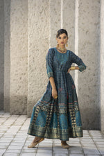 Thumbnail for Juniper Teal Satin Festive Printed Anarkali Flared Anarkali Kurta For Women - Distacart