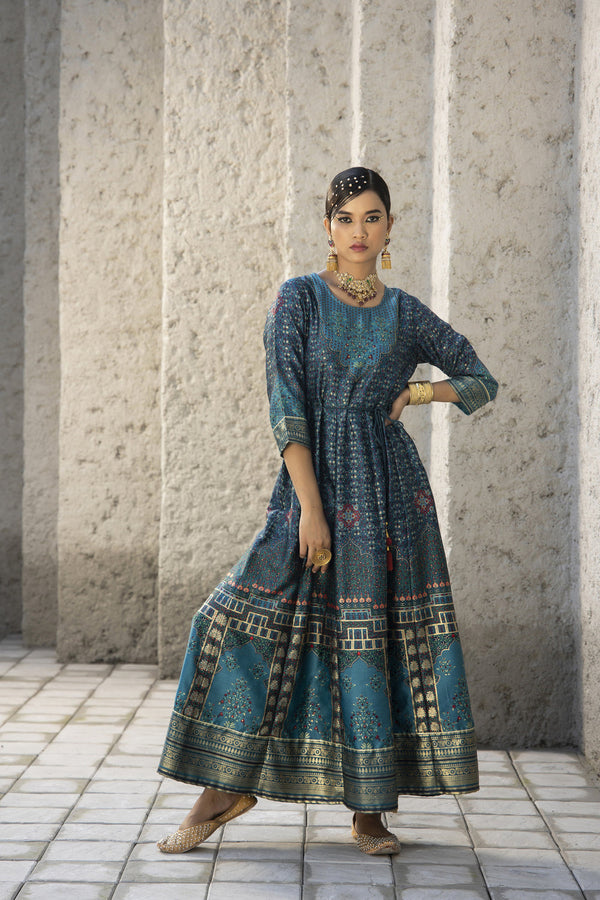 Juniper Teal Satin Festive Printed Anarkali Flared Anarkali Kurta For Women - Distacart