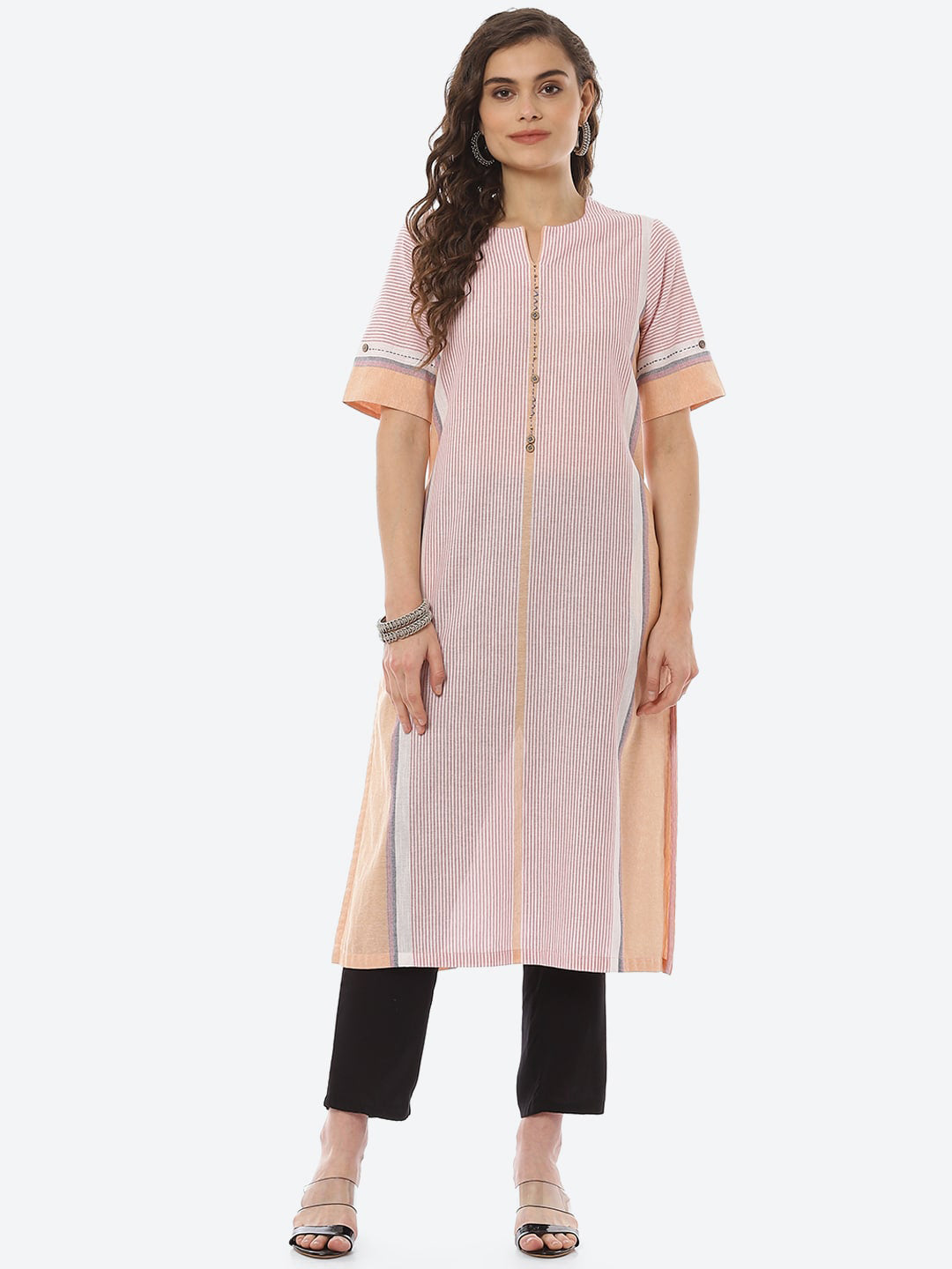 Biba Women Peach-Coloured Striped Thread Work Kurta - Distacart