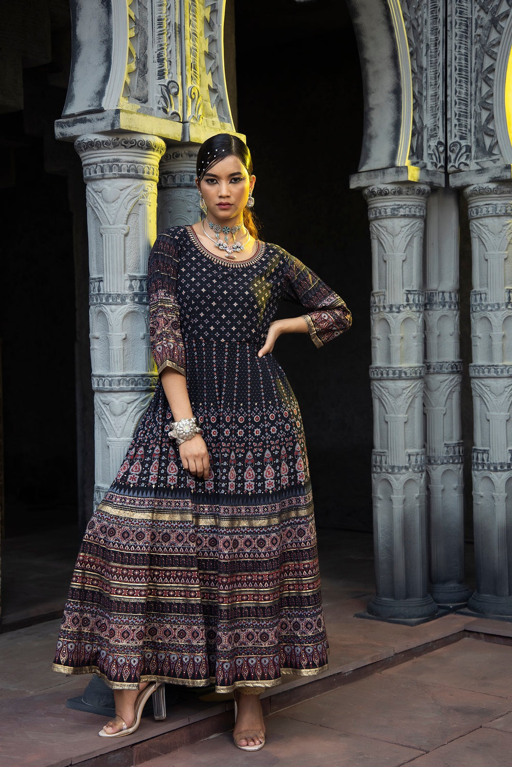 Juniper Black Georgette Festive Printed Flared Anarkali Kurta For Women - Distacart