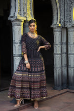 Thumbnail for Juniper Black Georgette Festive Printed Flared Anarkali Kurta For Women - Distacart