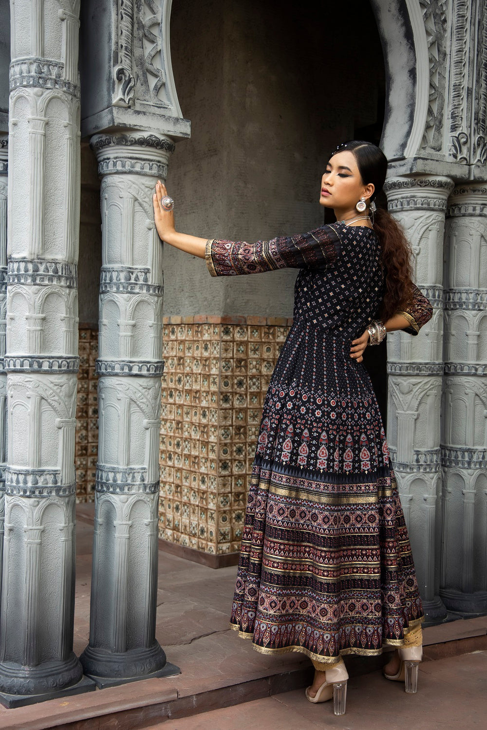 Juniper Black Georgette Festive Printed Flared Anarkali Kurta For Women - Distacart