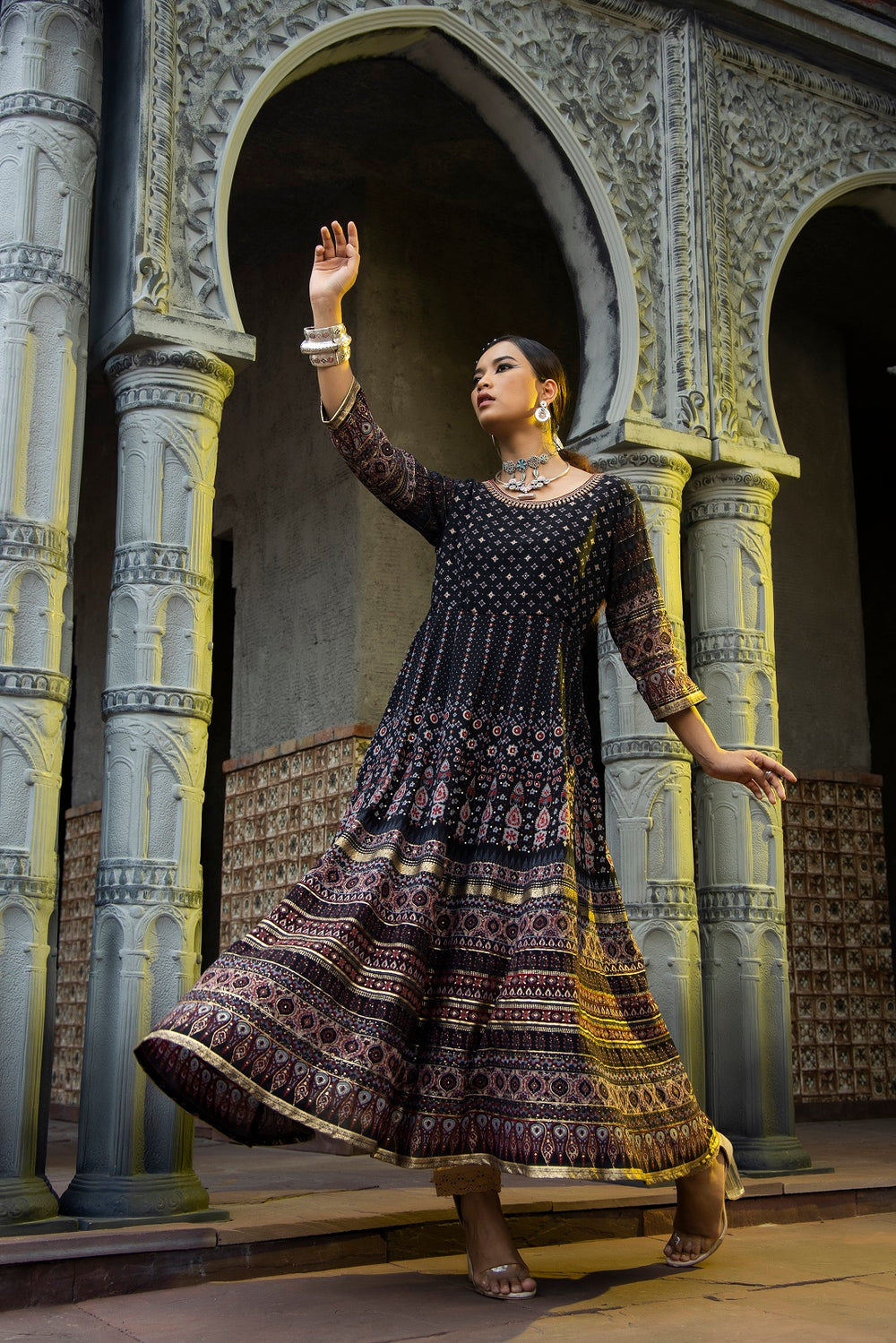 Juniper Black Georgette Festive Printed Flared Anarkali Kurta For Women - Distacart