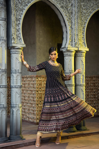 Juniper Black Georgette Festive Printed Flared Anarkali Kurta For Women - Distacart