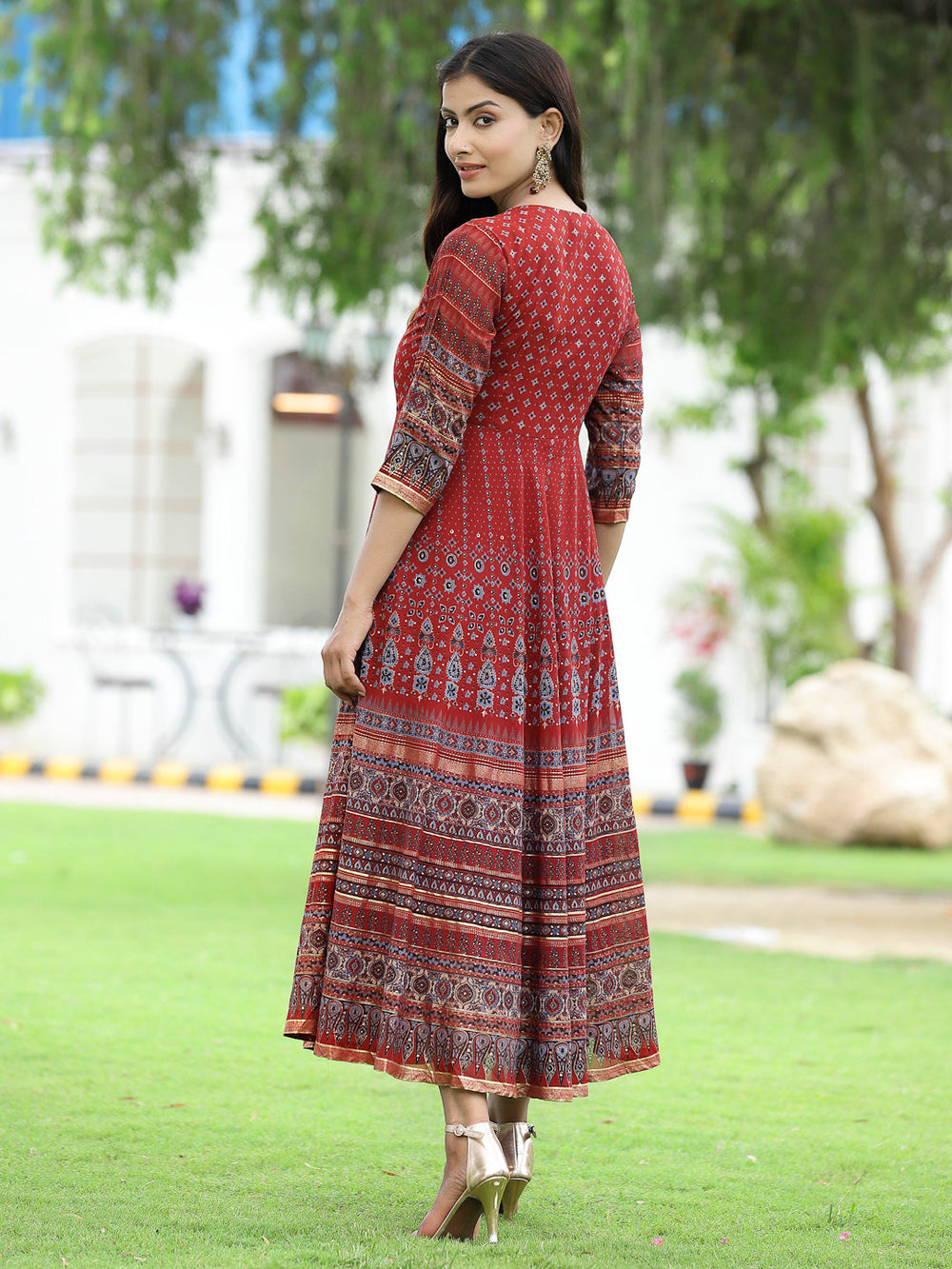 Juniper Women Rust Georgette Festive Printed Flared Anarkali Kurta - Distacart