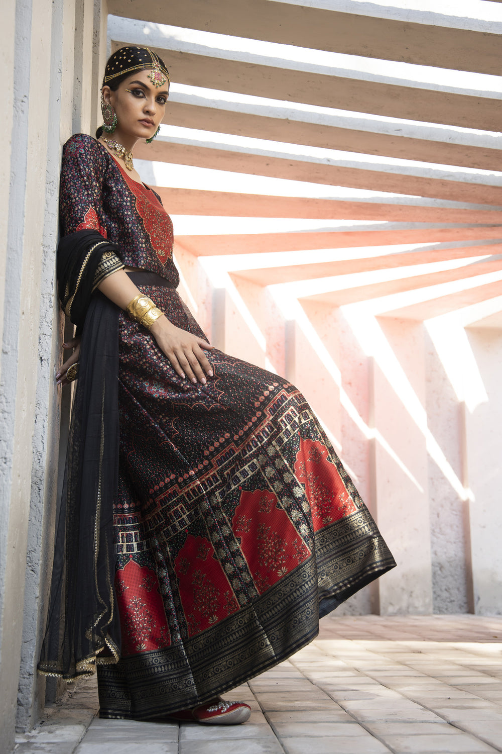 Juniper Black Dull Satin Festive Printed Crop Choli-Skirt Dupatta For Women - Distacart