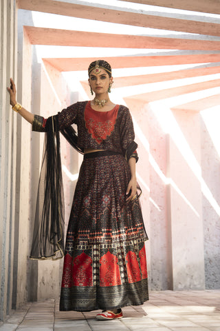 Juniper Black Dull Satin Festive Printed Crop Choli-Skirt Dupatta For Women - Distacart