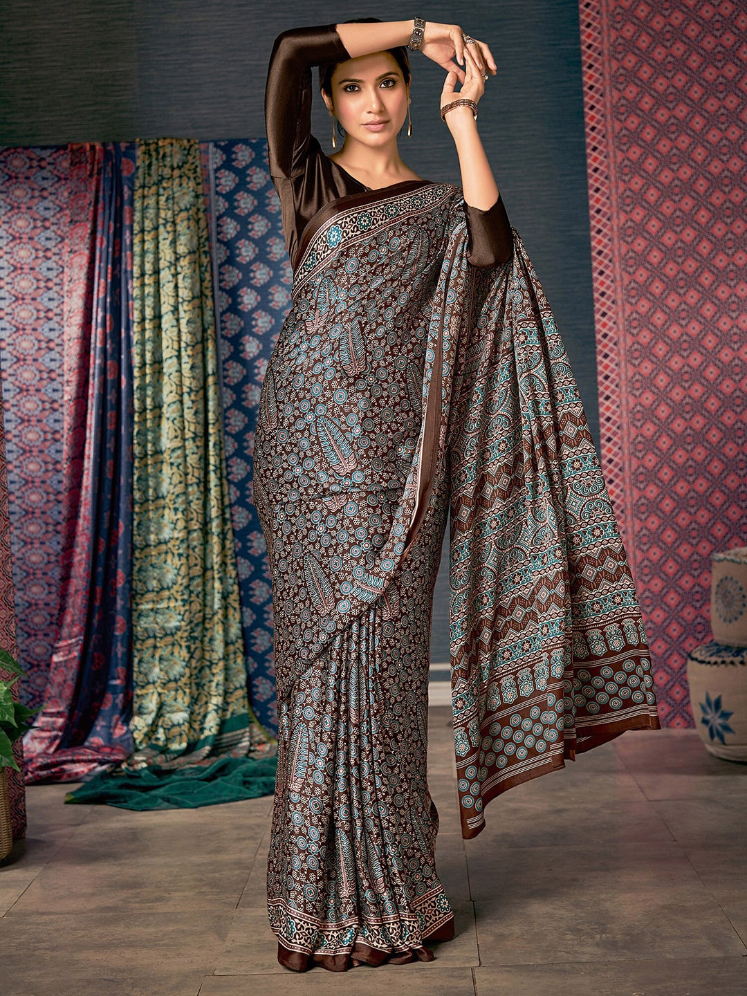Saree Mall Brown & Blue Ethnic Motifs Printed Pure Crepe Block Print Saree - Distacart