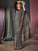 Thumbnail for Saree Mall Brown & Blue Ethnic Motifs Printed Pure Crepe Block Print Saree - Distacart