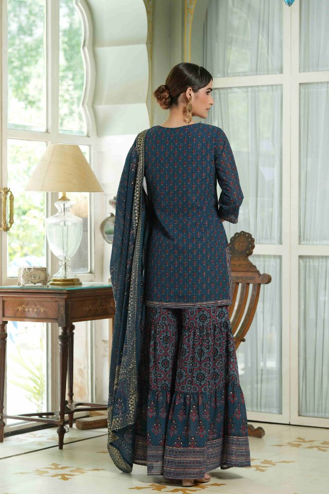 Juniper Teal Georgette Festive Floral Print Straight Tunic-Sharara Dupatta For Women - Distacart