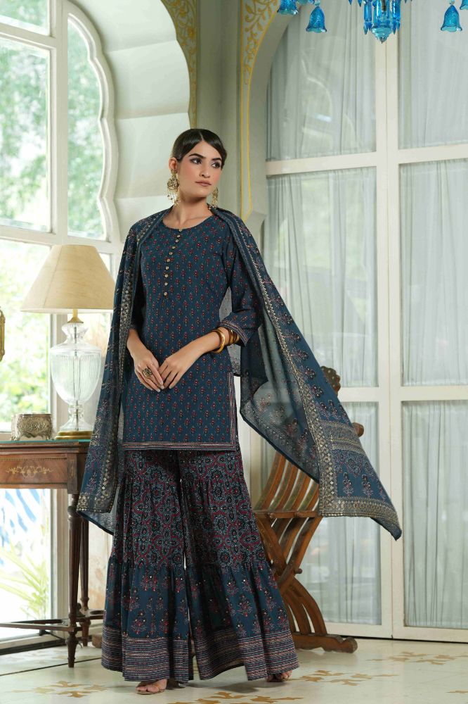 Juniper Teal Georgette Festive Floral Print Straight Tunic-Sharara Dupatta For Women - Distacart