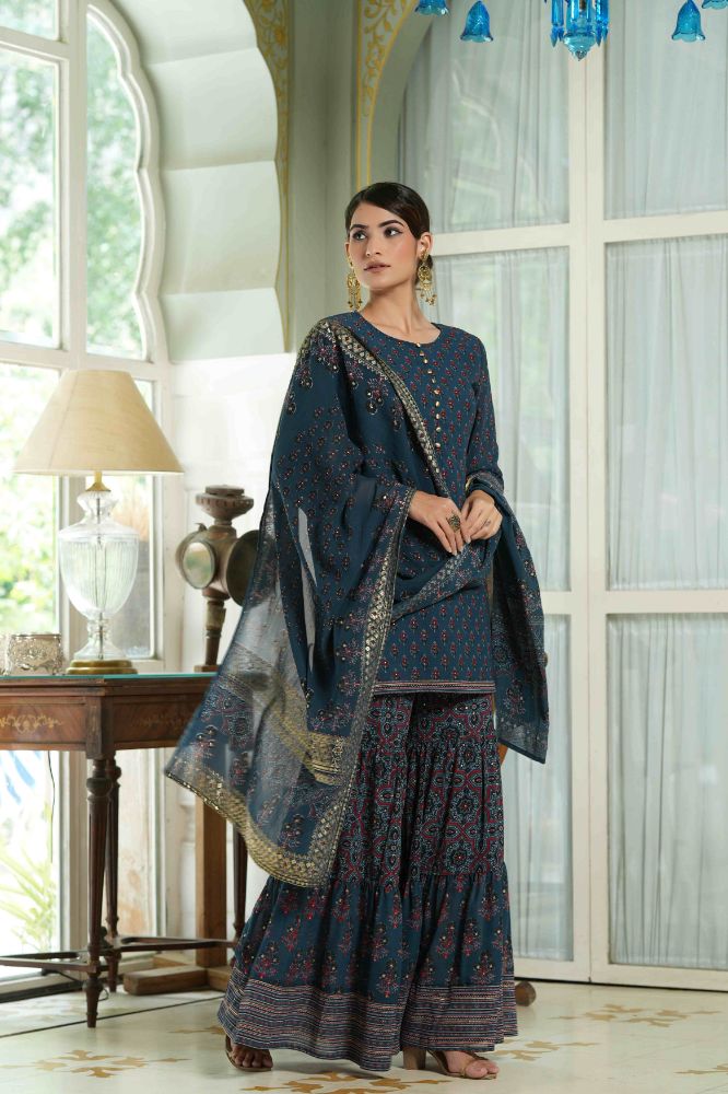 Juniper Teal Georgette Festive Floral Print Straight Tunic-Sharara Dupatta For Women - Distacart