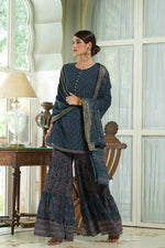 Thumbnail for Juniper Teal Georgette Festive Floral Print Straight Tunic-Sharara Dupatta For Women - Distacart