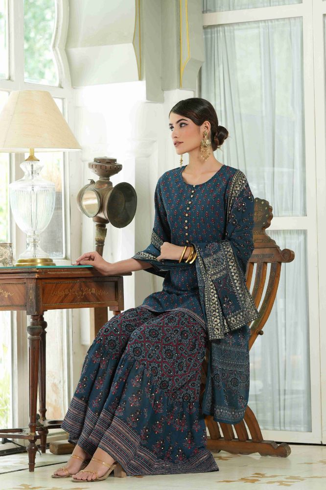 Juniper Teal Georgette Festive Floral Print Straight Tunic-Sharara Dupatta For Women - Distacart