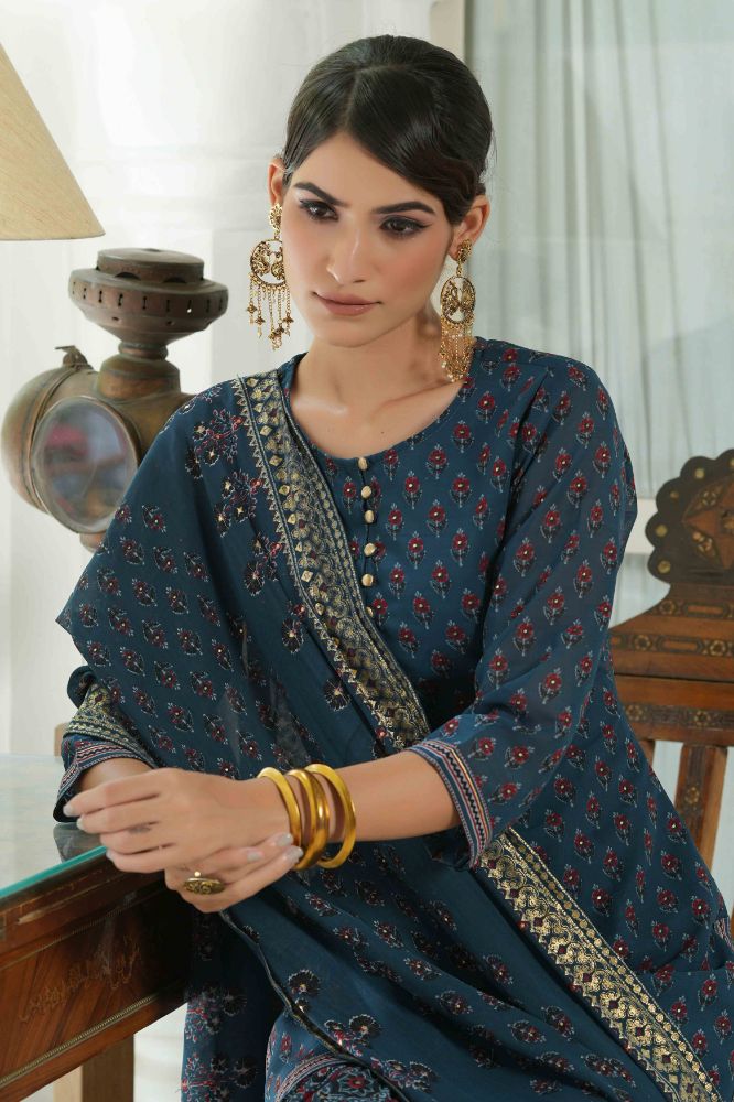 Juniper Teal Georgette Festive Floral Print Straight Tunic-Sharara Dupatta For Women - Distacart