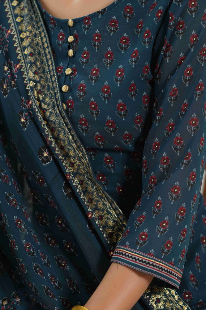 Juniper Teal Georgette Festive Floral Print Straight Tunic-Sharara Dupatta For Women - Distacart