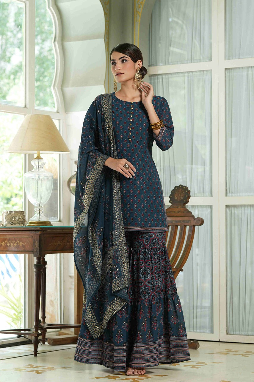Juniper Teal Georgette Festive Floral Print Straight Tunic-Sharara Dupatta For Women - Distacart