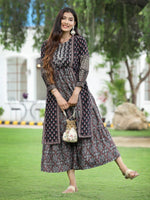 Thumbnail for Juniper Women Black Chanderi Festive Printed Tiered Kurta - Distacart