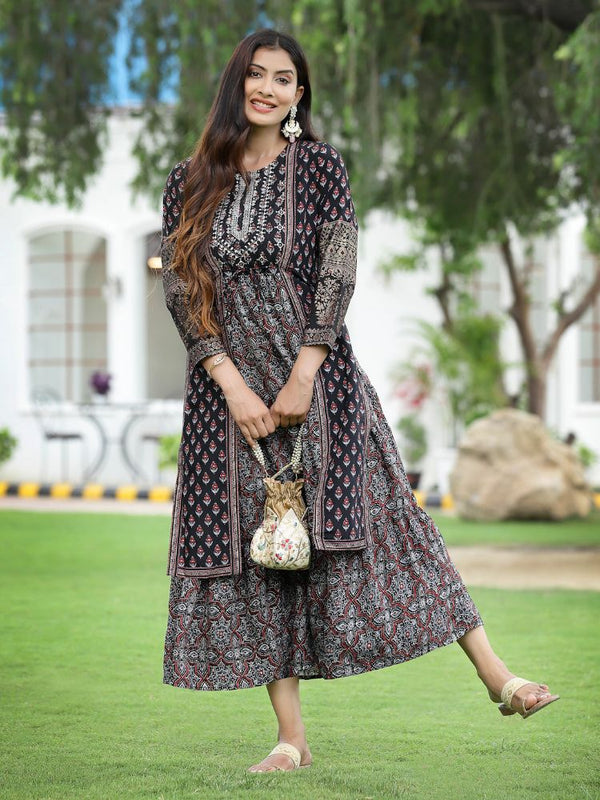 Juniper Women Black Chanderi Festive Printed Tiered Kurta - Distacart