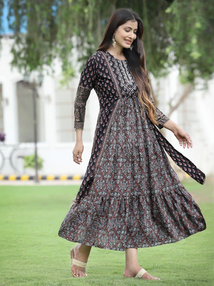 Juniper Women Black Chanderi Festive Printed Tiered Kurta - Distacart