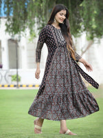 Thumbnail for Juniper Women Black Chanderi Festive Printed Tiered Kurta - Distacart