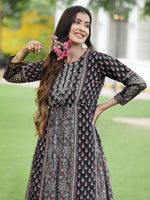 Thumbnail for Juniper Women Black Chanderi Festive Printed Tiered Kurta - Distacart