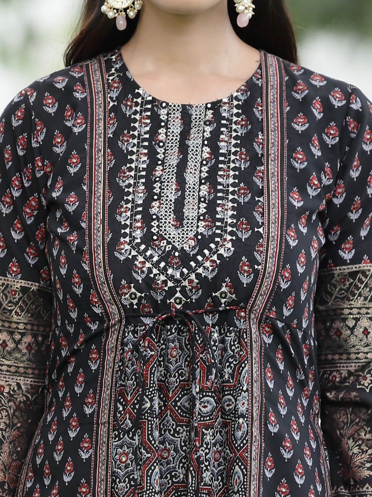 Juniper Women Black Chanderi Festive Printed Tiered Kurta - Distacart