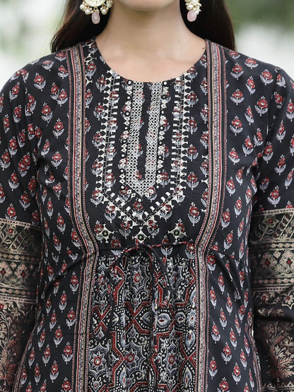 Juniper Women Black Chanderi Festive Printed Tiered Kurta - Distacart