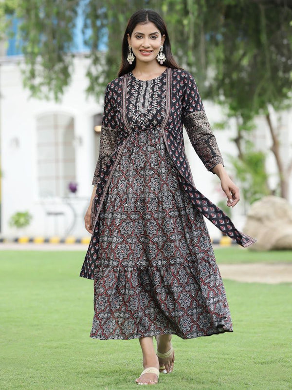 Juniper Women Black Chanderi Festive Printed Tiered Kurta - Distacart