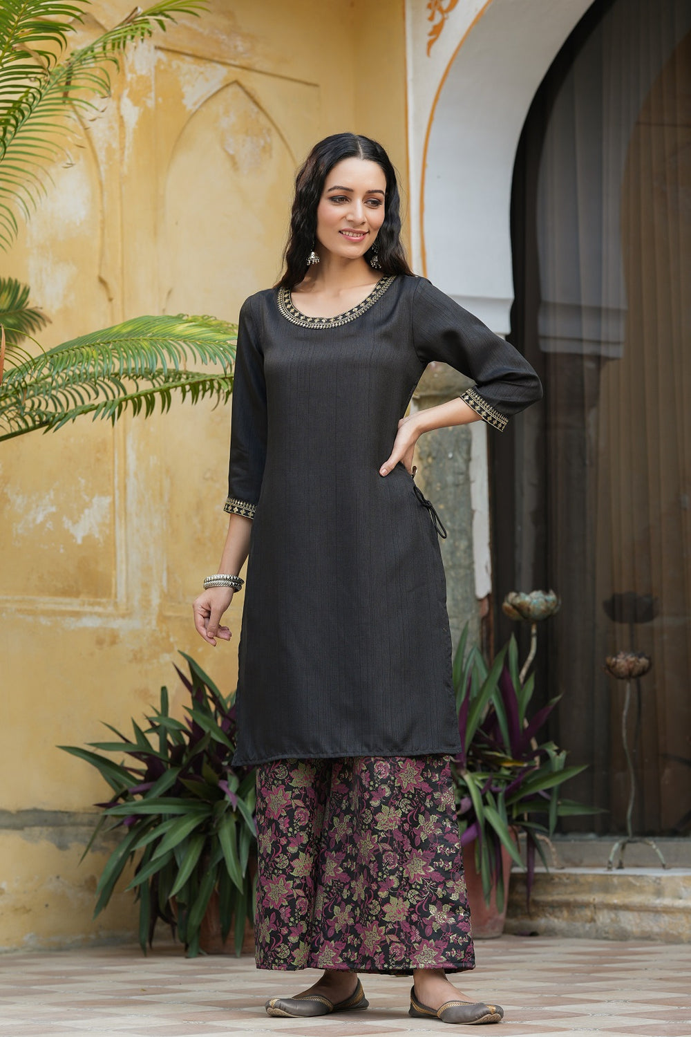 Juniper Black Satin Slub Festive Printed Straight Kurta Suit Set For Women - Distacart