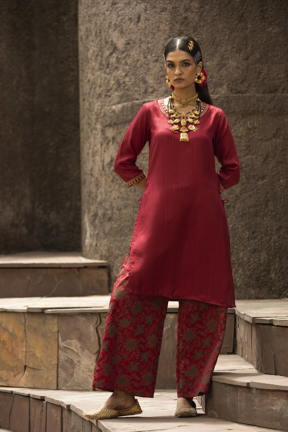 Juniper Maroon Satin Slub Festive Printed Straight Kurta Suit Set For Women - Distacart