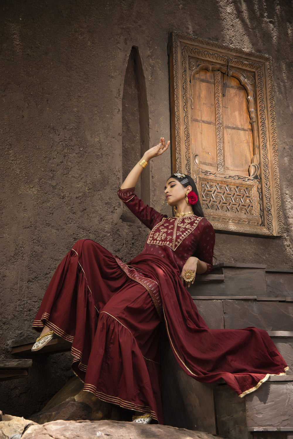 Juniper Maroon Satin Slub Festive Embroidered Printed Straight Kurta Skirt Dupatta Set - Distacart