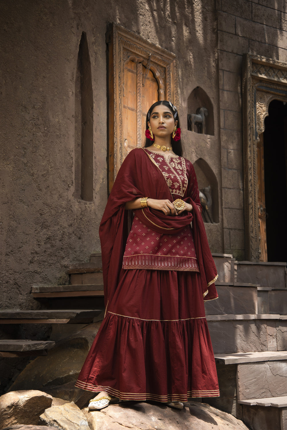 Juniper Maroon Satin Slub Festive Embroidered Printed Straight Kurta Skirt Dupatta Set - Distacart