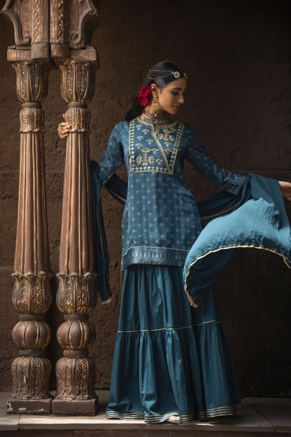 Juniper Teal Satin Slub Festive Embroidered Printed Straight Kurta Skirt Dupatta For Women - Distacart