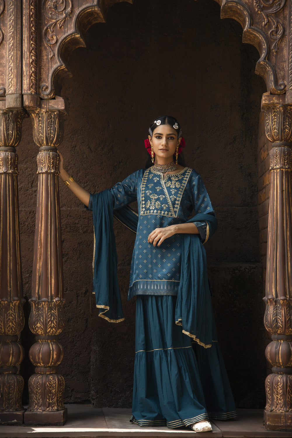 Juniper Teal Satin Slub Festive Embroidered Printed Straight Kurta Skirt Dupatta For Women - Distacart