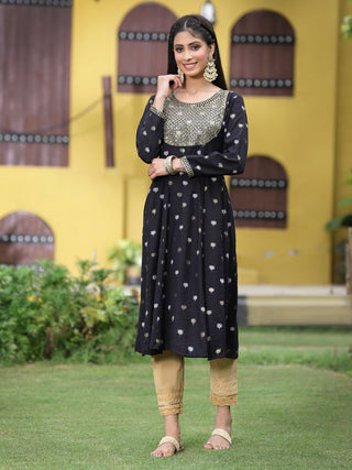 Juniper Women Black Rayon Festive Foil Printed Anarkali Flared Anarkali Kurta - Distacart