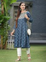 Thumbnail for Juniper Women Indigo Rayon Festive Foil Printed Anarkali Flared Anarkali Kurta - Distacart