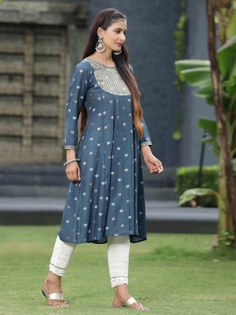 Juniper Women Indigo Rayon Festive Foil Printed Anarkali Flared Anarkali Kurta - Distacart