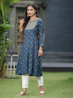 Thumbnail for Juniper Women Indigo Rayon Festive Foil Printed Anarkali Flared Anarkali Kurta - Distacart