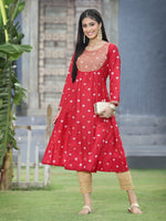Thumbnail for Juniper Women Red Rayon Festive Foil Printed Anarkali Flared Anarkali Kurta - Distacart