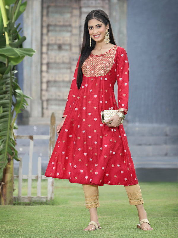 Juniper Women Red Rayon Festive Foil Printed Anarkali Flared Anarkali Kurta - Distacart
