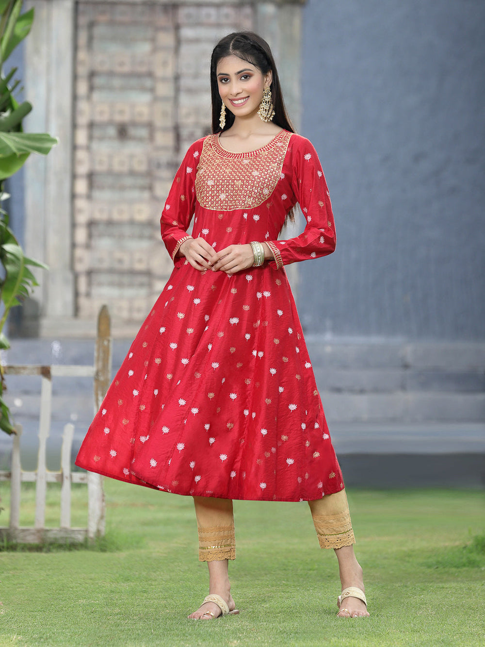 Juniper Women Red Rayon Festive Foil Printed Anarkali Flared Anarkali Kurta - Distacart