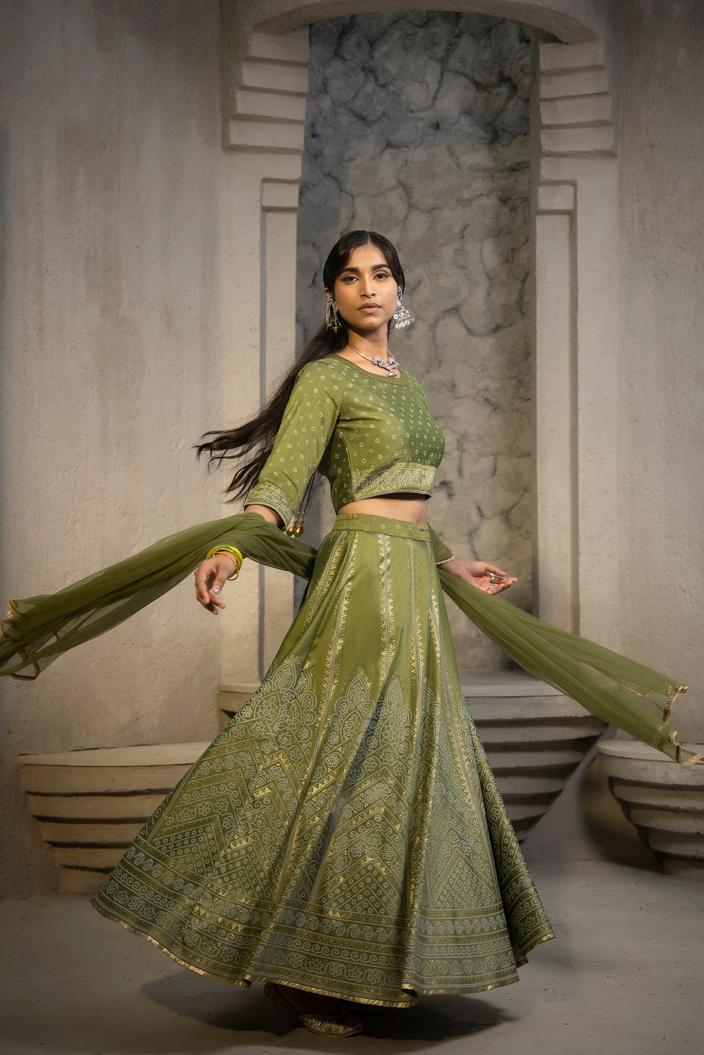 Juniper Green Santoon Slub Festive Printed Crop Lehenga Choli Dupatta For Women - Distacart