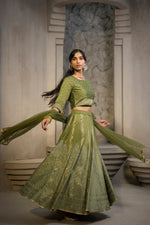 Thumbnail for Juniper Green Santoon Slub Festive Printed Crop Lehenga Choli Dupatta For Women - Distacart