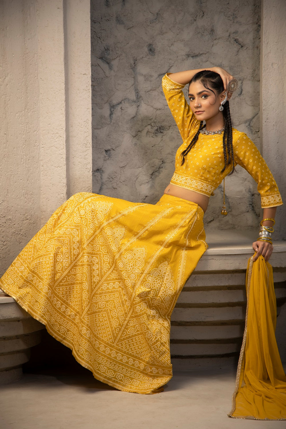 Juniper Mustard Santoon Slub Festive Printed Crop Lehenga Choli Dupatta Set - Distacart