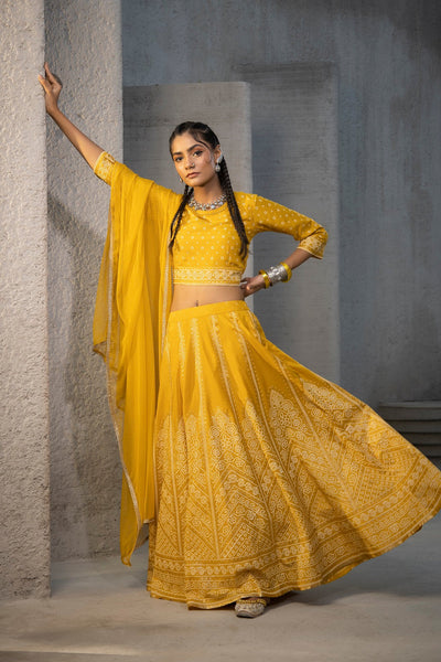 Juniper Mustard Santoon Slub Festive Printed Crop Lehenga Choli Dupatta Set - Distacart