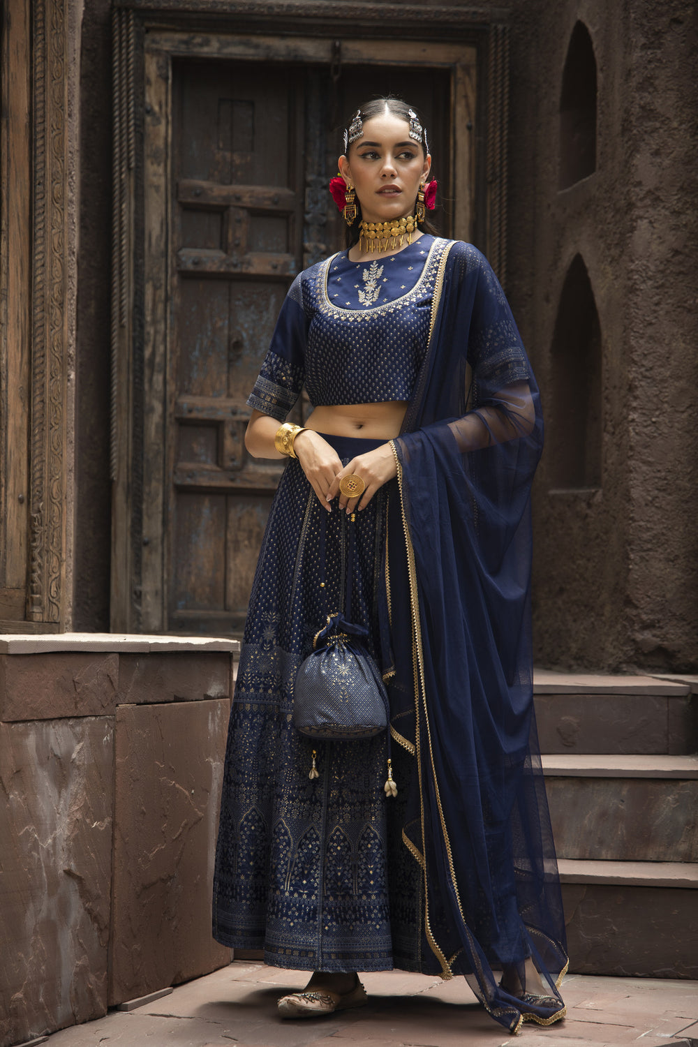 Juniper Navy Dull Satin Festive Embroidered Printed Crop Lehenga Choli Dupatta For Women - Distacart